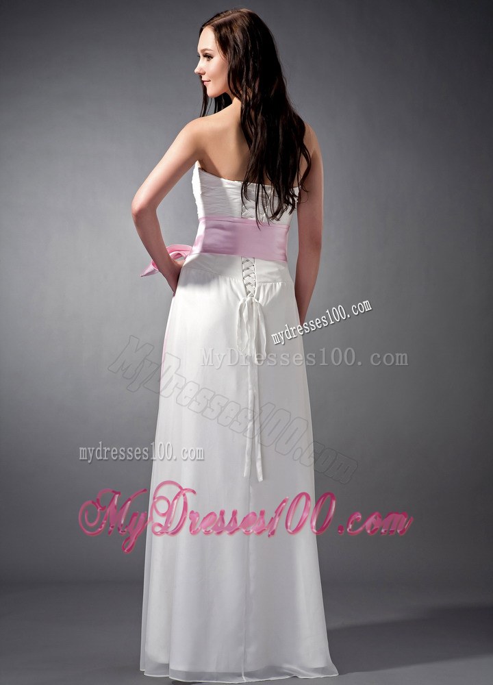 White and Baby Pink Sash Empire Strapless Bridesmaid Dress