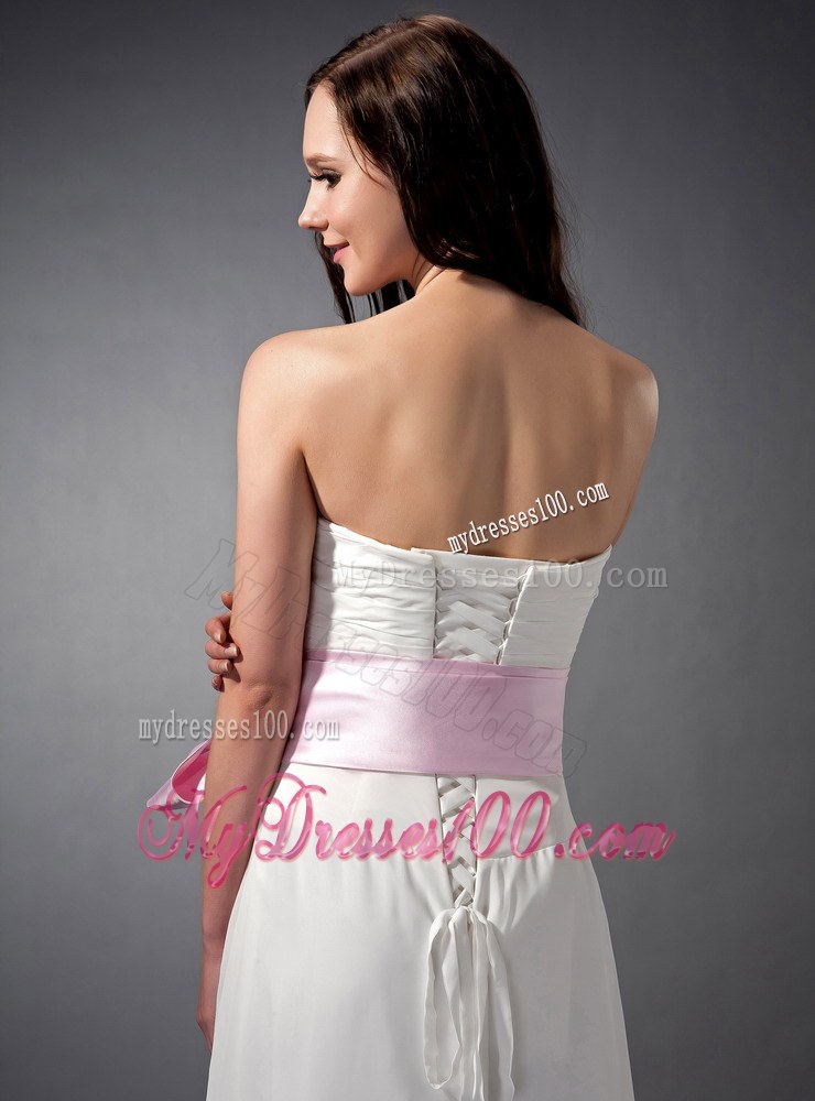 White and Baby Pink Sash Empire Strapless Bridesmaid Dress