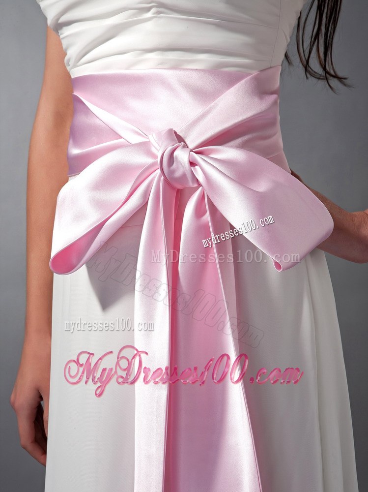 White and Baby Pink Sash Empire Strapless Bridesmaid Dress