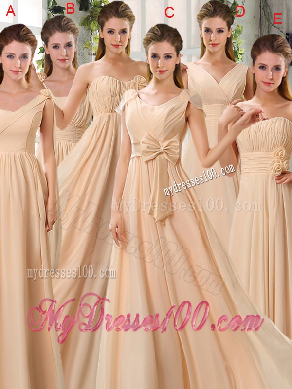 Empire V Neck Ruching Chiffon Bridesmaid Dresses with Cap Sleeves