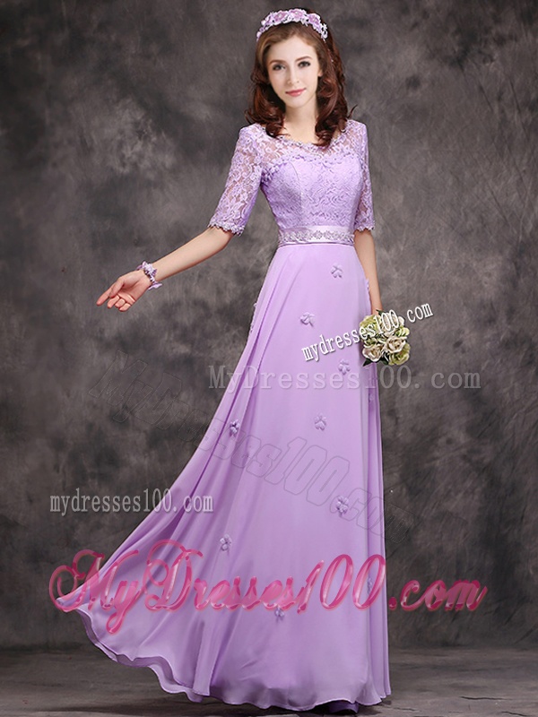 Exclusive Scoop Half Sleeves Lavender Bridesmaid Dress with Appliques and Lace