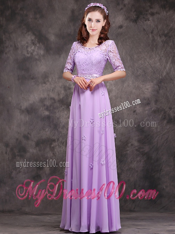 Exclusive Scoop Half Sleeves Lavender Bridesmaid Dress with Appliques and Lace