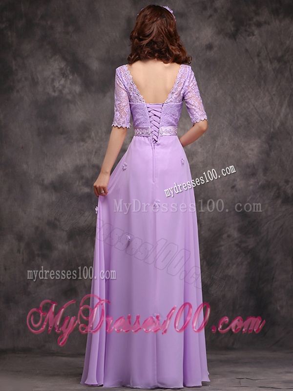 Exclusive Scoop Half Sleeves Lavender Bridesmaid Dress with Appliques and Lace