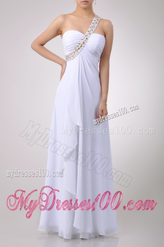 Fashionable Empire One Shoulder Chiffon Side Zipper White Bridesmaid Dress with Beading