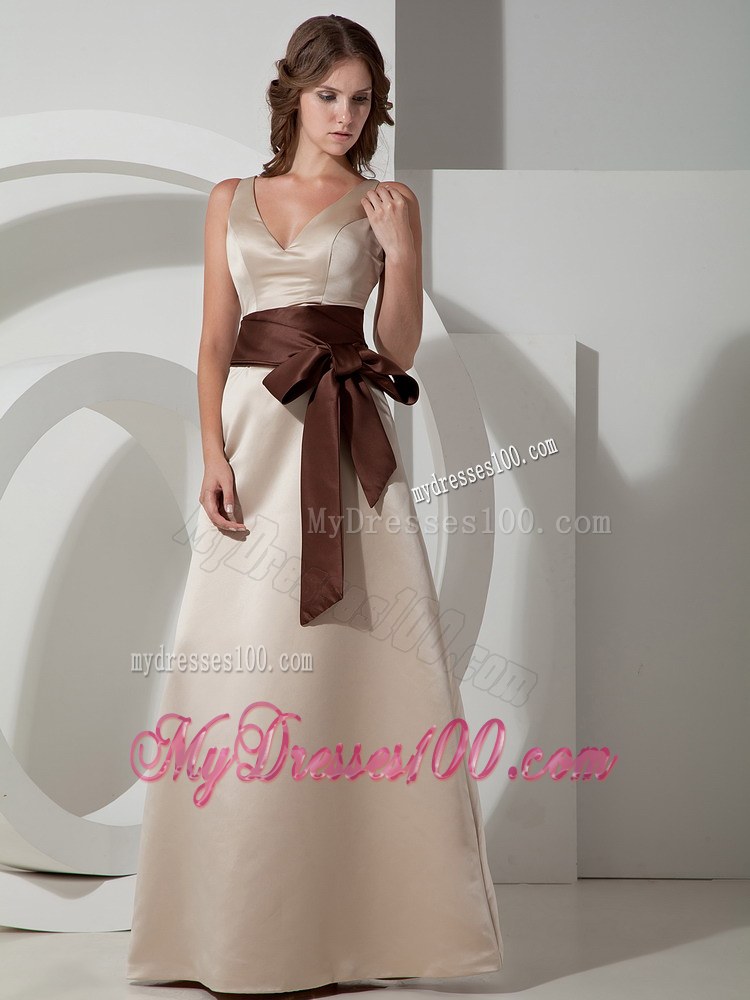 Grey V-neck Floor-length Taffeta Bridemaid Dress with Sash