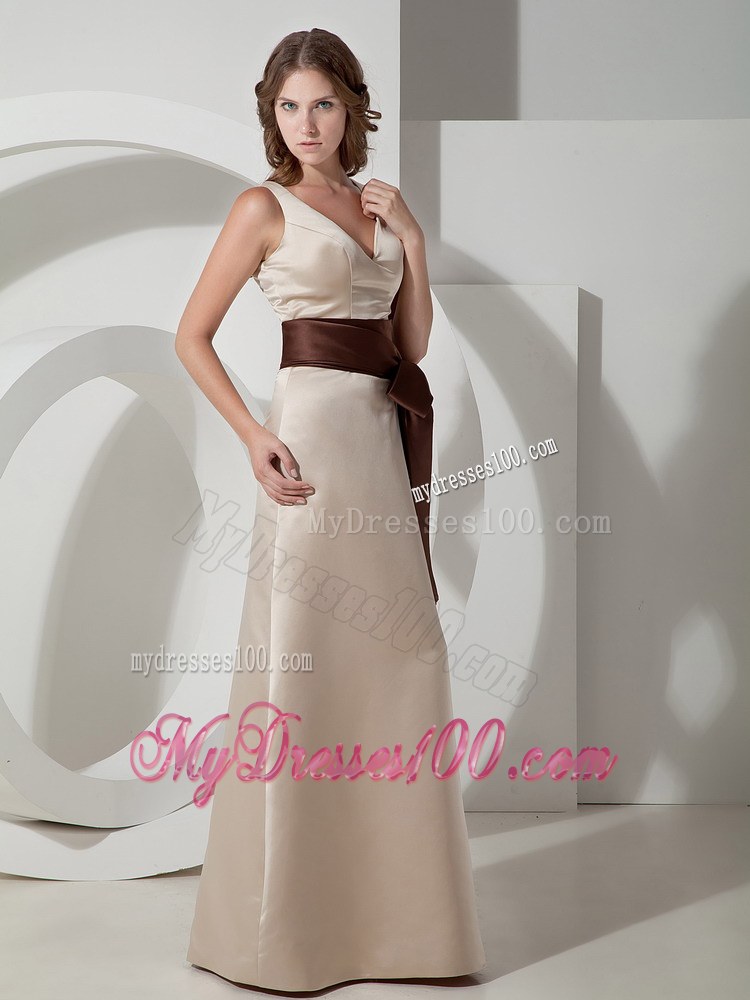Grey V-neck Floor-length Taffeta Bridemaid Dress with Sash