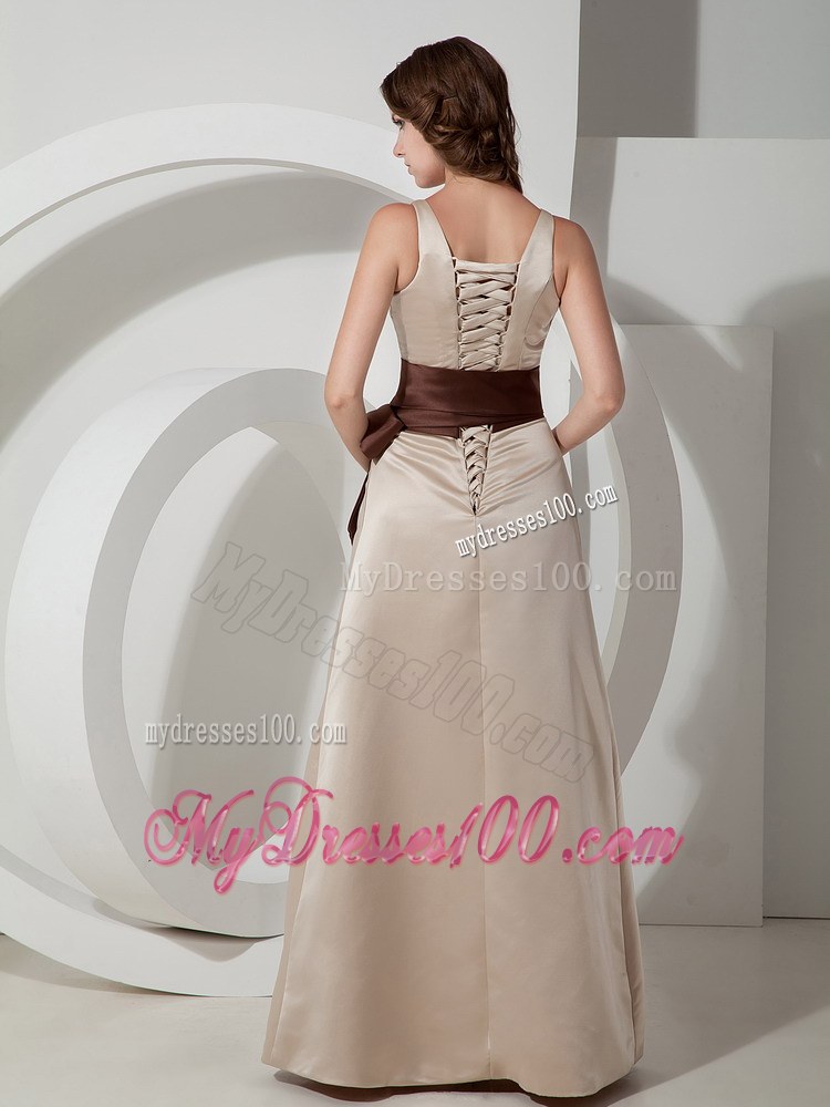 Grey V-neck Floor-length Taffeta Bridemaid Dress with Sash