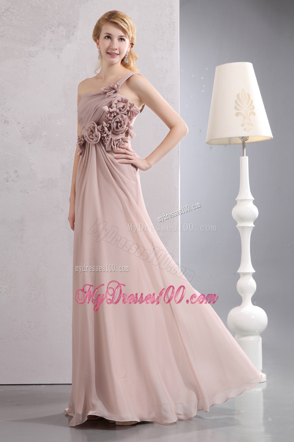 Light Pink Empire One Shoulder Hand Flower Bridesmaid Dress