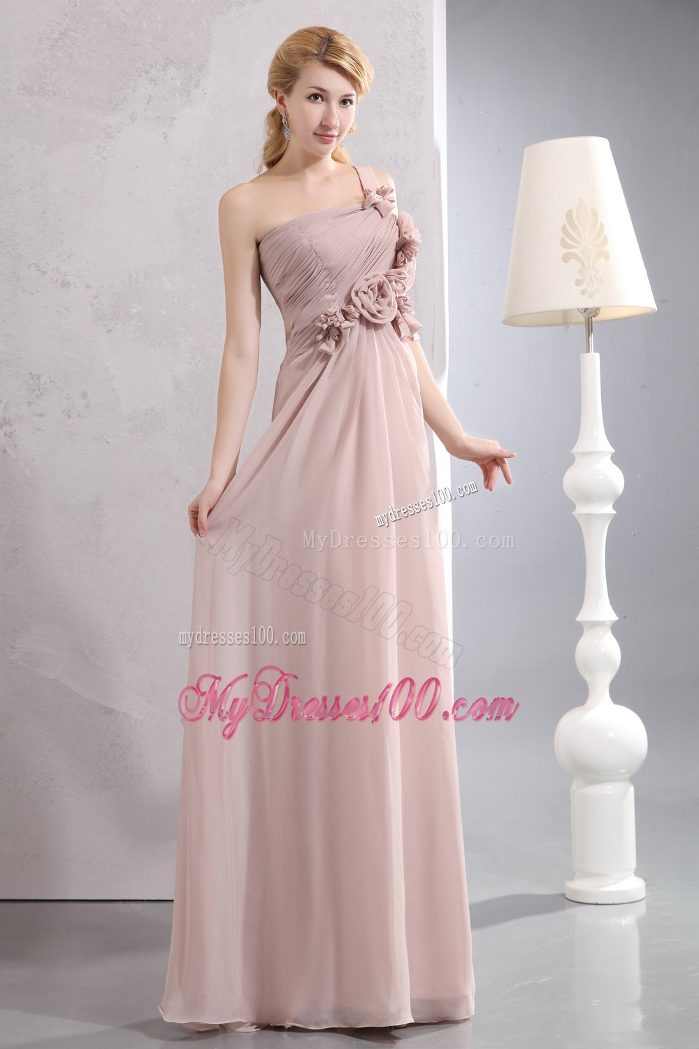 Light Pink Empire One Shoulder Hand Flower Bridesmaid Dress