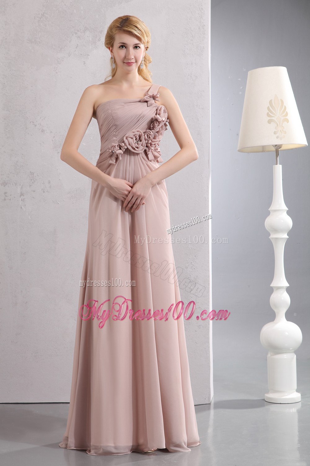Light Pink Empire One Shoulder Hand Flower Bridesmaid Dress