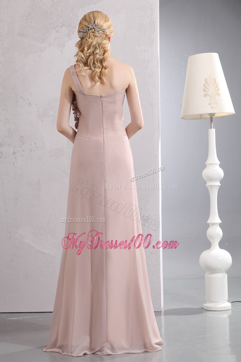 Light Pink Empire One Shoulder Hand Flower Bridesmaid Dress