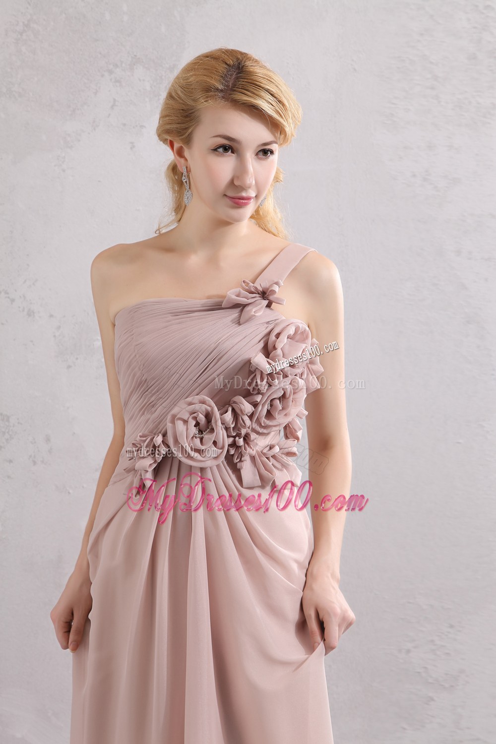 Light Pink Empire One Shoulder Hand Flower Bridesmaid Dress