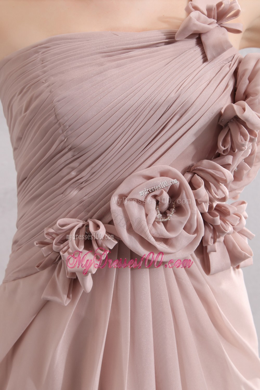 Light Pink Empire One Shoulder Hand Flower Bridesmaid Dress