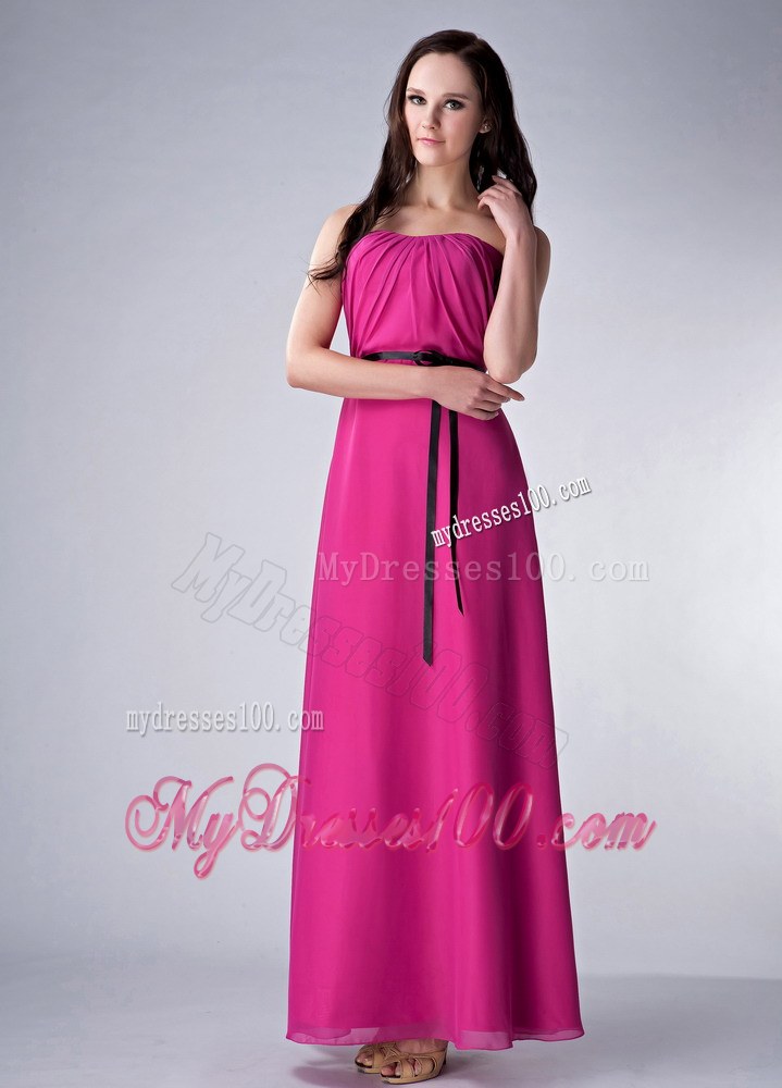 Fuchsia Empire Strapless Ruche Chiffon Sash Bridesmaid Dress