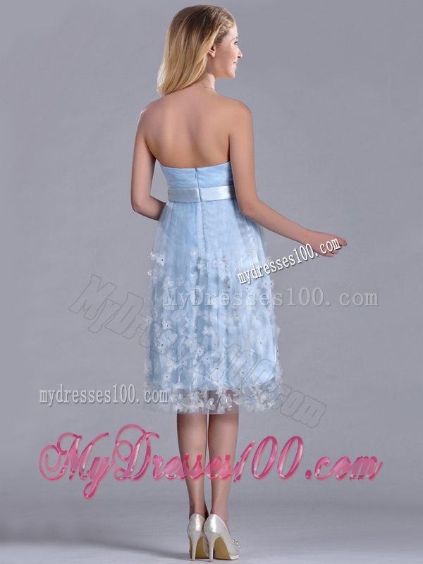 Gorgeous Empire Tea Length Applique Tulle Bridesmaid Dress in Light Blue
