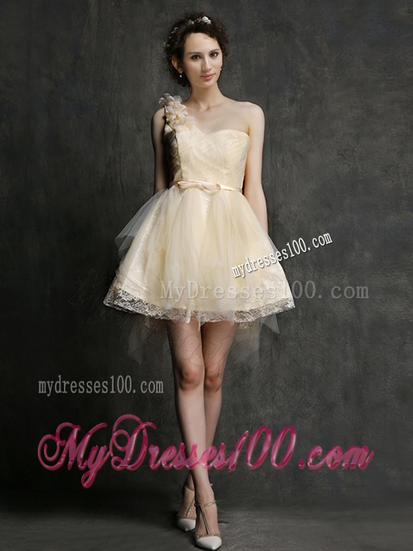 Gorgeous One Shoulder Short Bridesmaid Dress with Belt and Hand Made Flowers