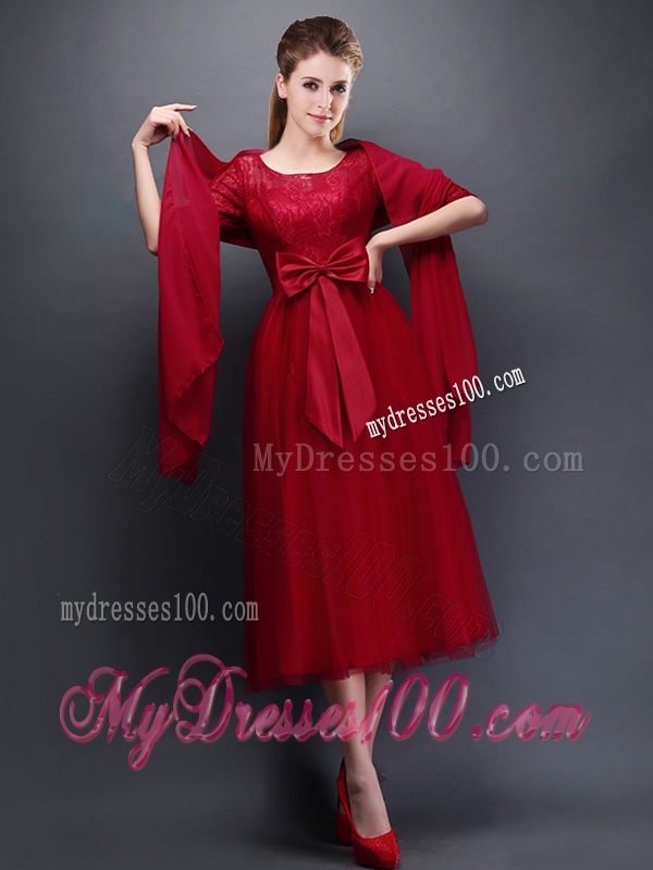 Gorgeous Scoop Half Sleeves Bowknot Bridesmaid Dress in Wine Red