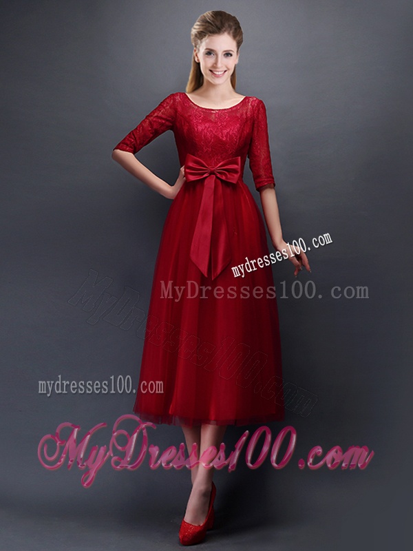 Gorgeous Scoop Half Sleeves Bowknot Bridesmaid Dress in Wine Red