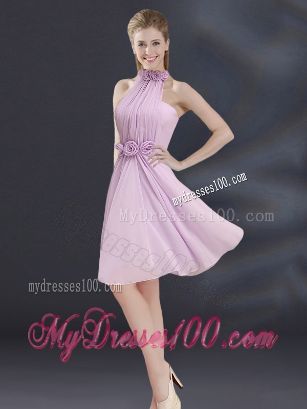 Halter A Line Bridesmaid Dress with Ruhing and Hand Made Flowers