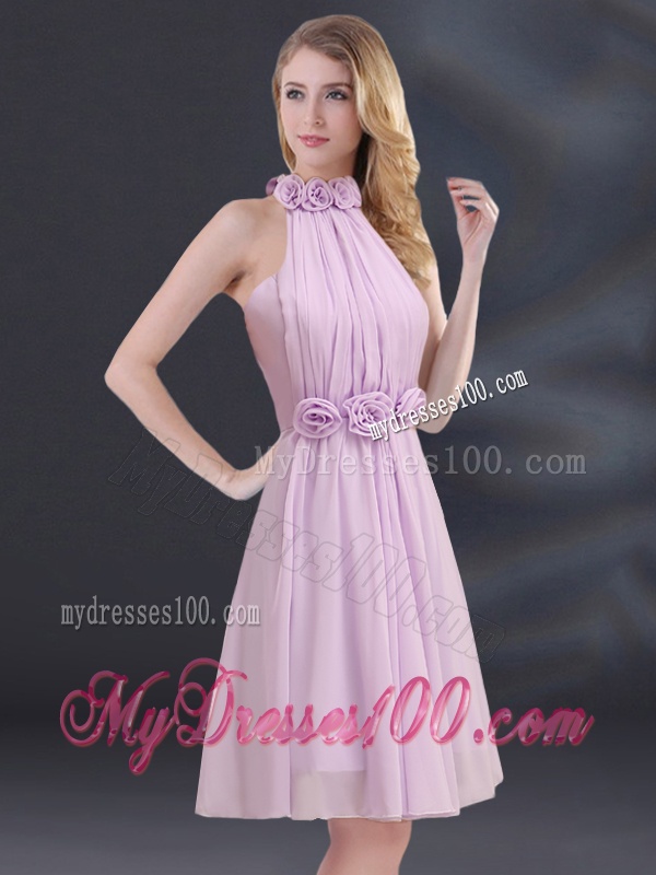 Halter A Line Bridesmaid Dress with Ruhing and Hand Made Flowers