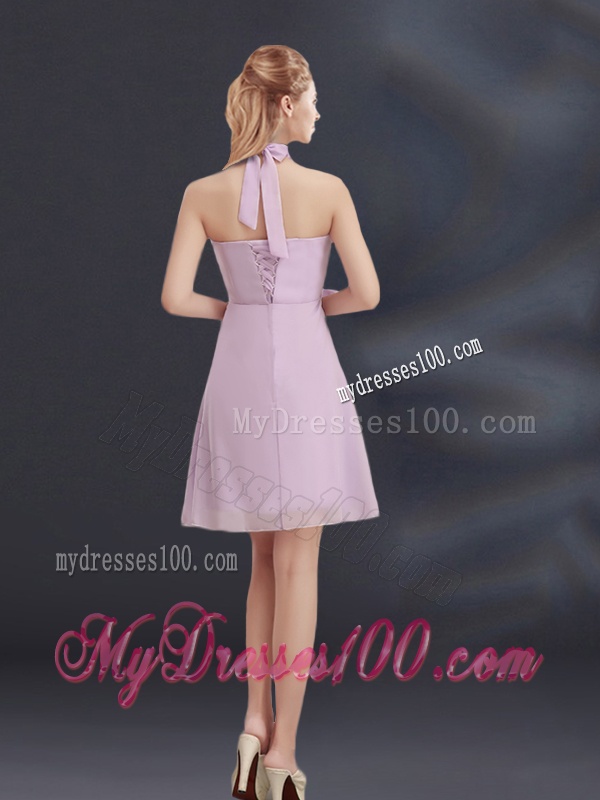 Halter A Line Bridesmaid Dress with Ruhing and Hand Made Flowers