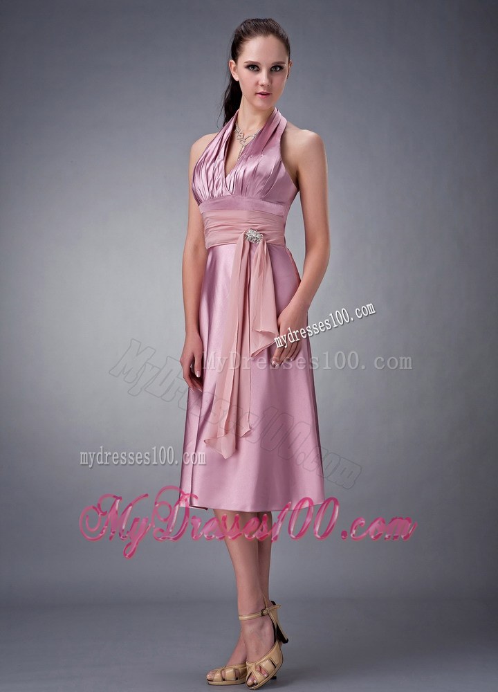 Light Pink Empire Halter Tea-length Bridesmaid Dress with Sash