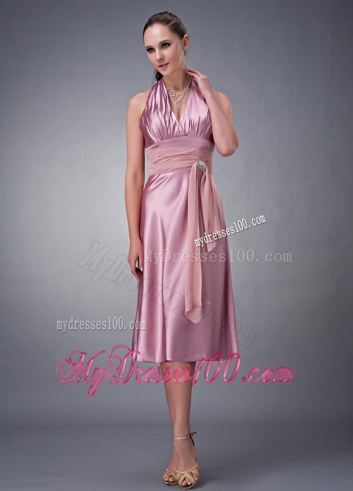 Light Pink Empire Halter Tea-length Bridesmaid Dress with Sash