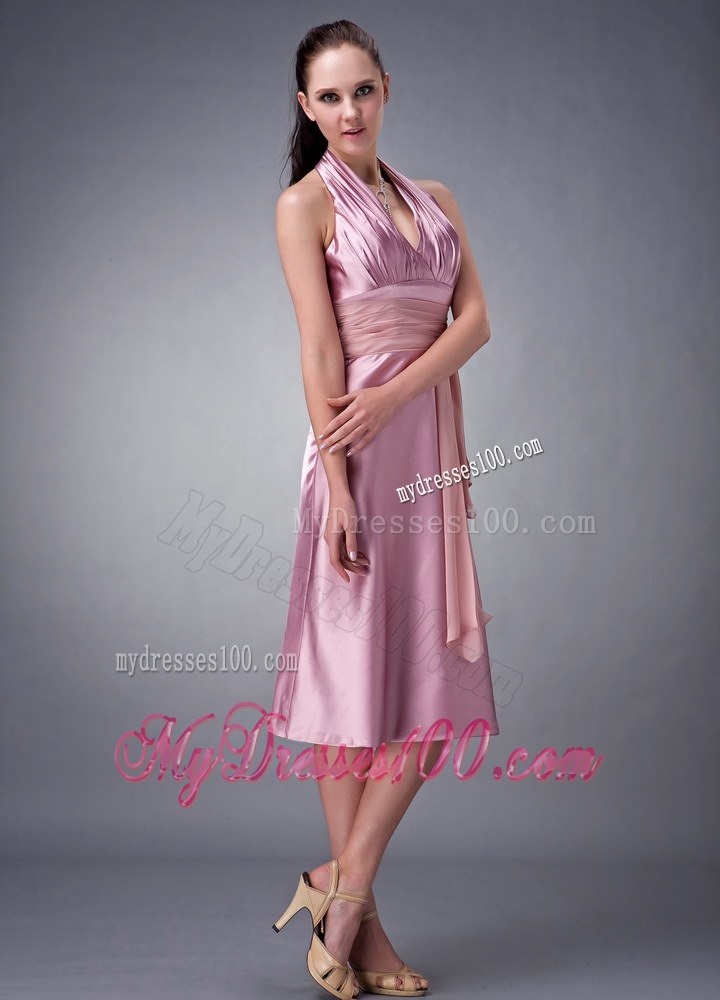 Light Pink Empire Halter Tea-length Bridesmaid Dress with Sash