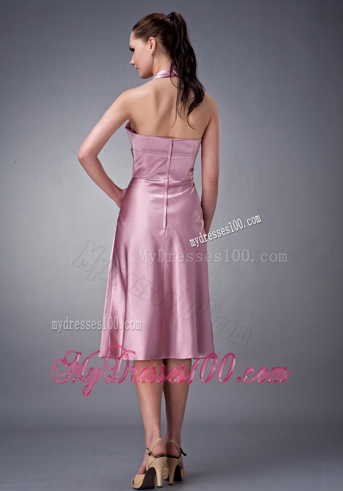 Light Pink Empire Halter Tea-length Bridesmaid Dress with Sash