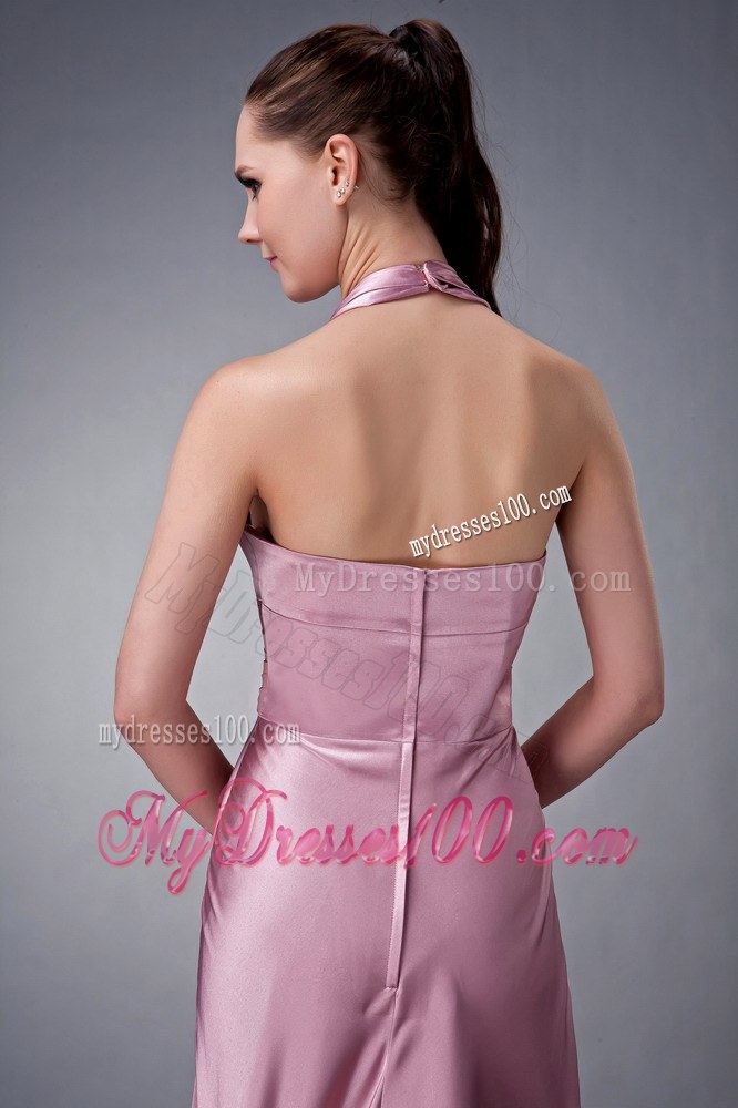 Light Pink Empire Halter Tea-length Bridesmaid Dress with Sash