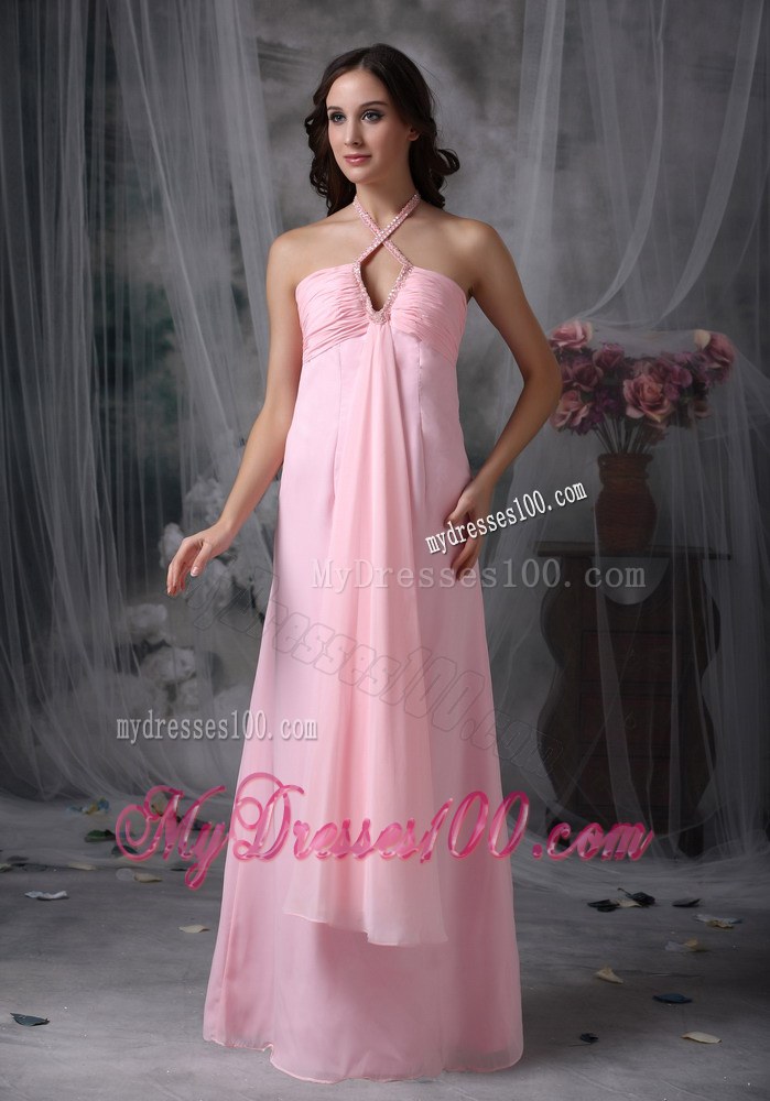 Baby Pink Empire Halter Chiffon Beading Chiffon Bridemaid Dress