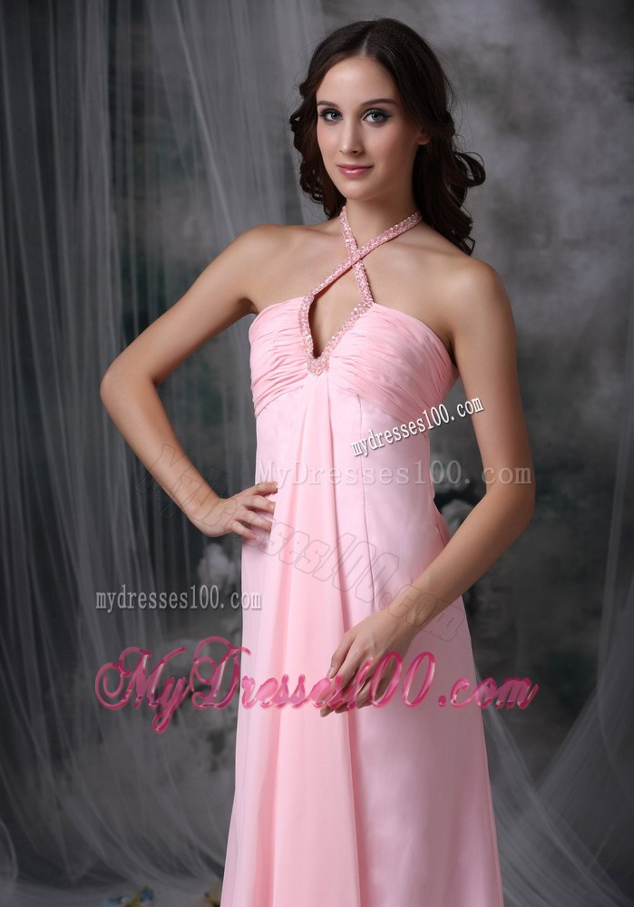 Baby Pink Empire Halter Chiffon Beading Chiffon Bridemaid Dress