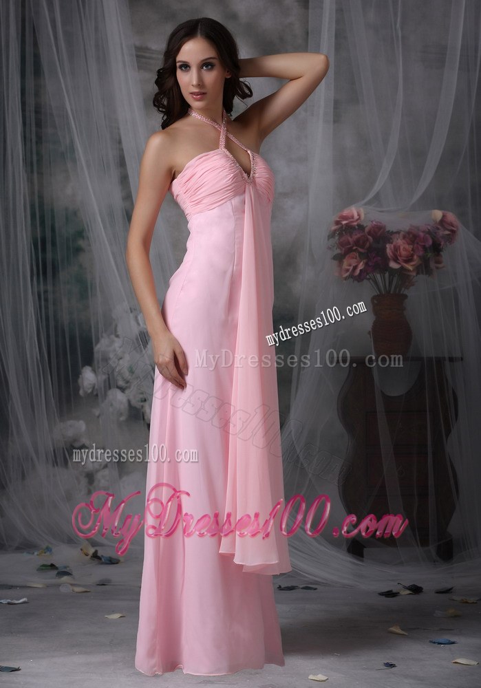 Baby Pink Empire Halter Chiffon Beading Chiffon Bridemaid Dress