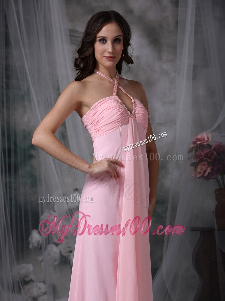 Baby Pink Empire Halter Chiffon Beading Chiffon Bridemaid Dress