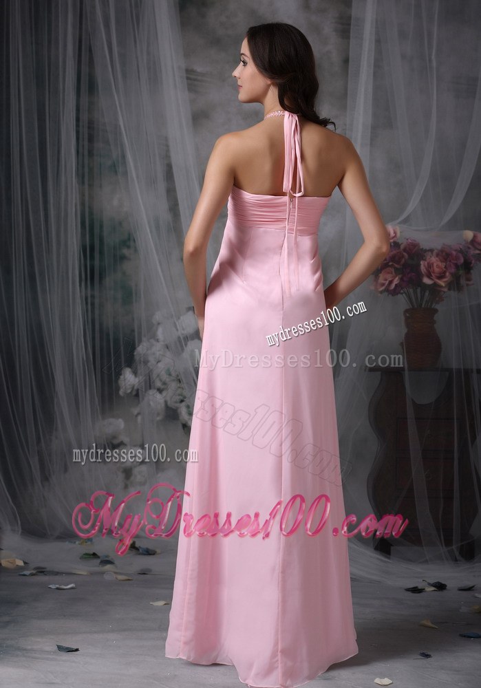 Baby Pink Empire Halter Chiffon Beading Chiffon Bridemaid Dress