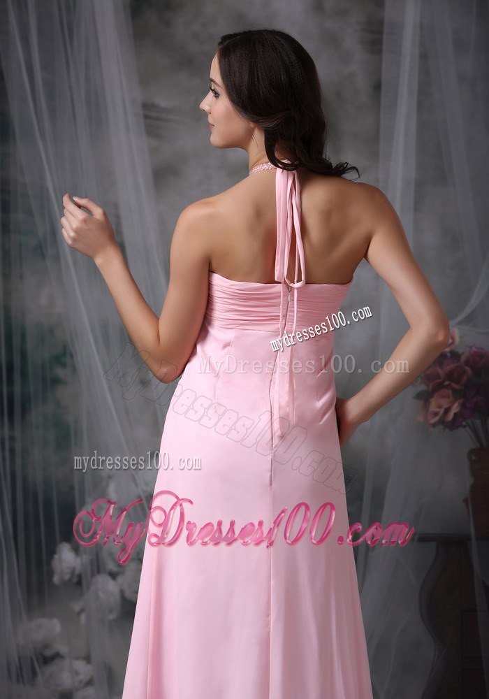Baby Pink Empire Halter Chiffon Beading Chiffon Bridemaid Dress