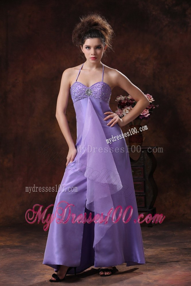 Halter Chiffon Empire Lilac Beaded Floor-length Bridemaid Dress