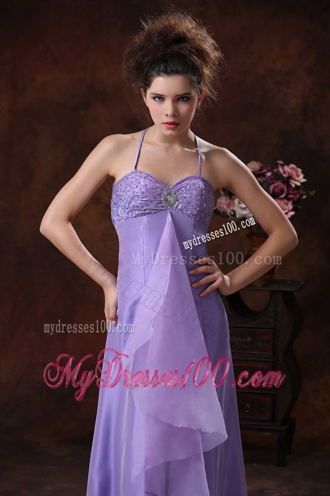 Halter Chiffon Empire Lilac Beaded Floor-length Bridemaid Dress
