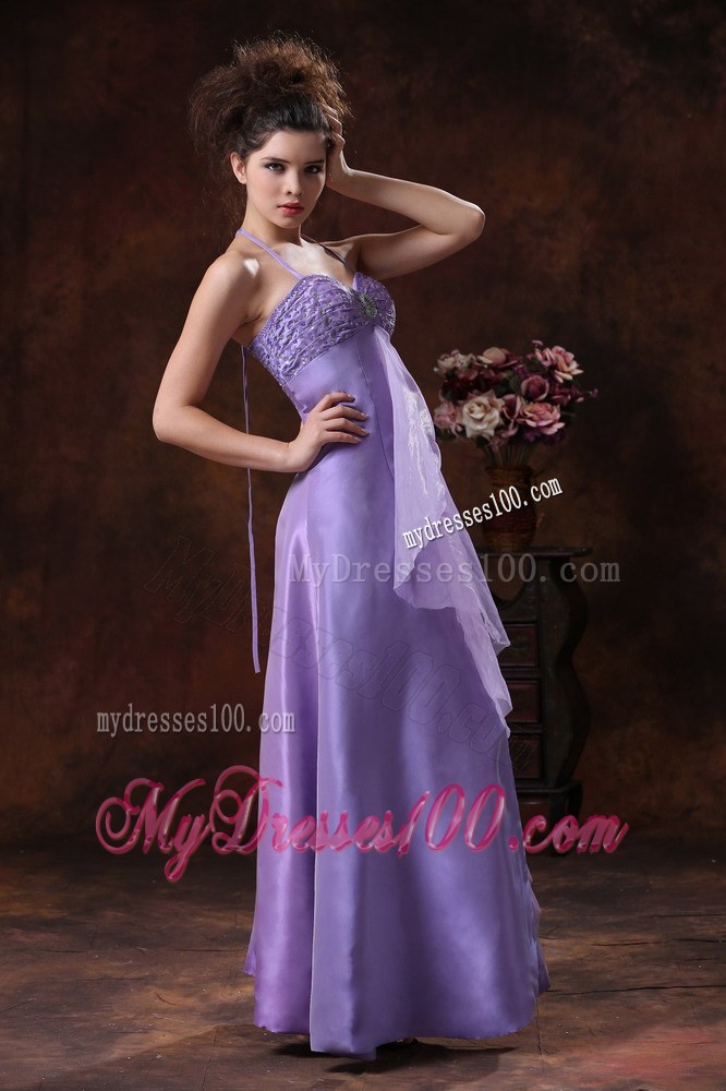 Halter Chiffon Empire Lilac Beaded Floor-length Bridemaid Dress