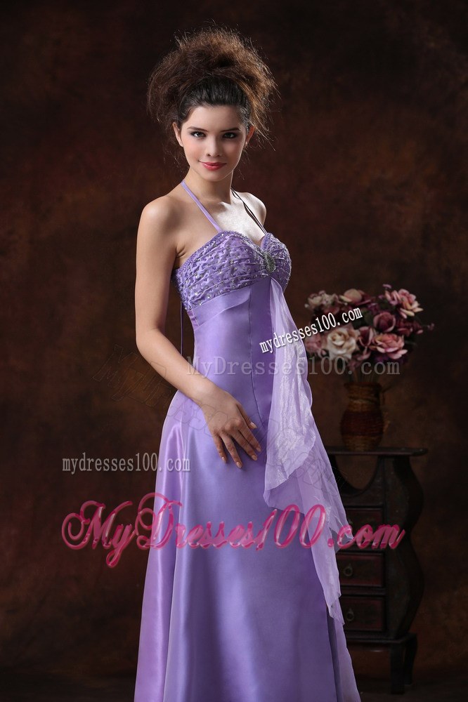 Halter Chiffon Empire Lilac Beaded Floor-length Bridemaid Dress