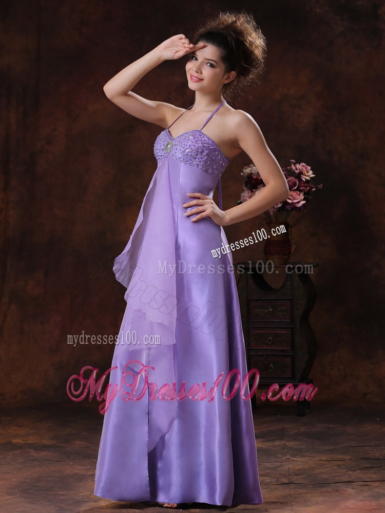 Halter Chiffon Empire Lilac Beaded Floor-length Bridemaid Dress