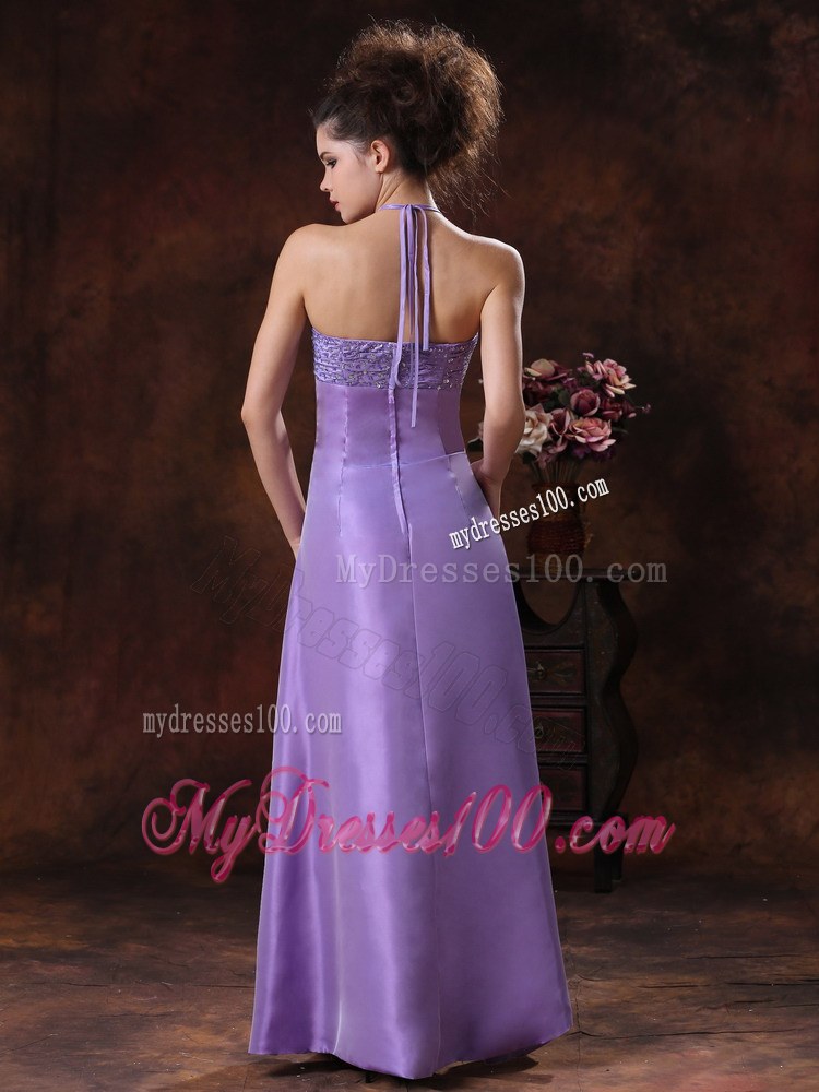 Halter Chiffon Empire Lilac Beaded Floor-length Bridemaid Dress
