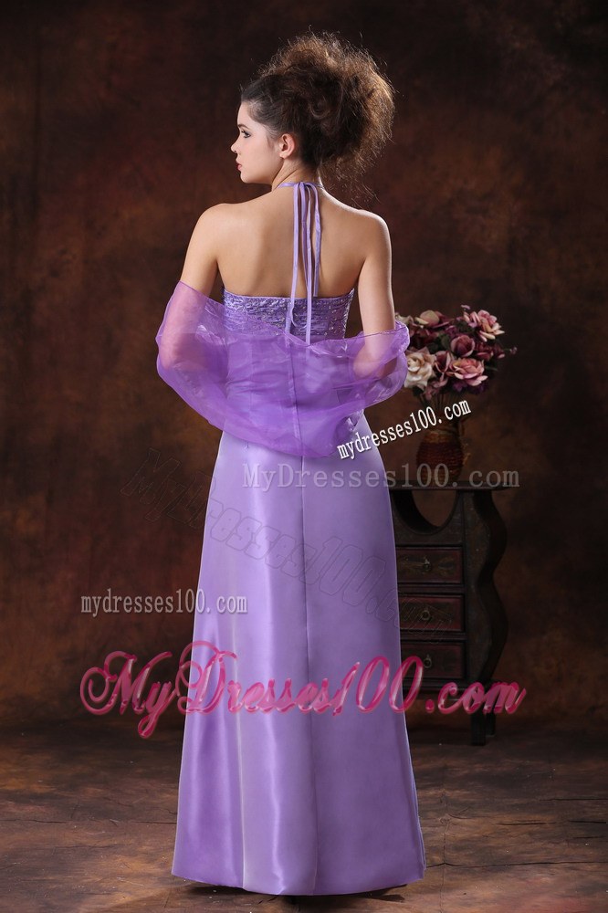 Halter Chiffon Empire Lilac Beaded Floor-length Bridemaid Dress