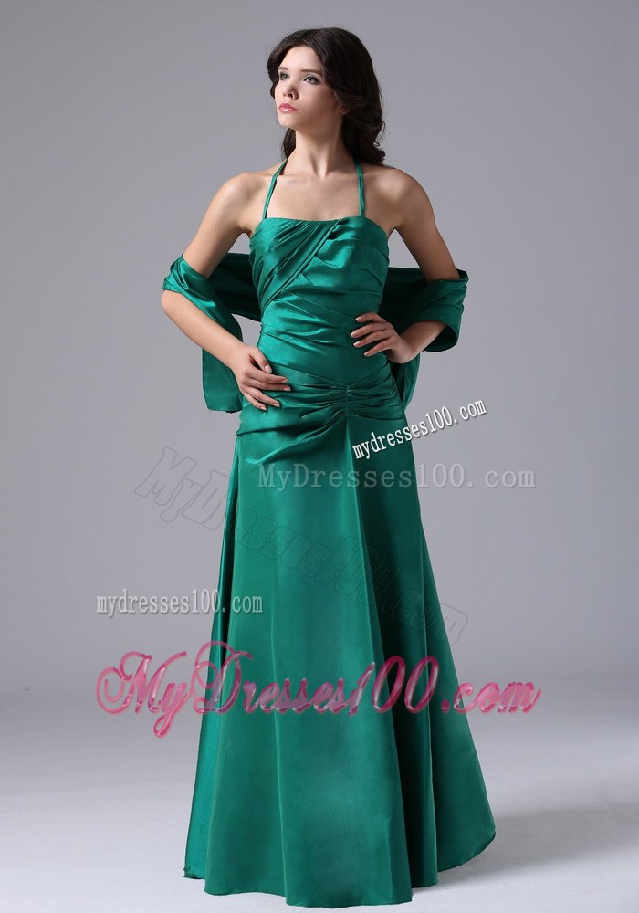 Halter Dark Green Ruched Floor-length Taffeta Bridemaid Dress