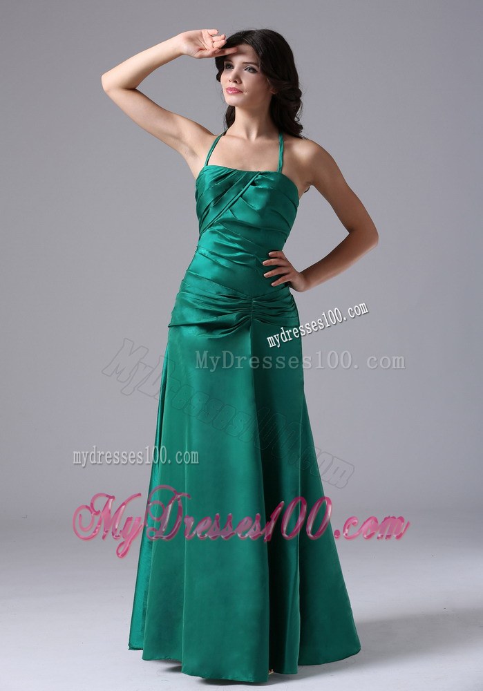 Halter Dark Green Ruched Floor-length Taffeta Bridemaid Dress