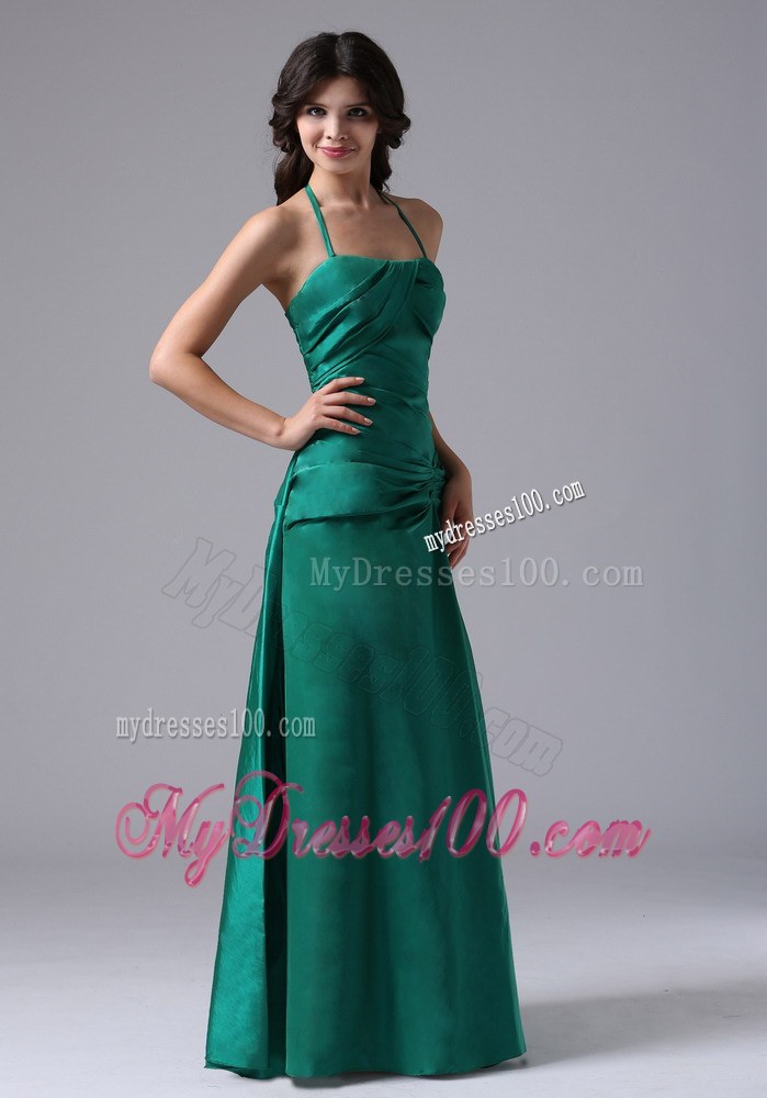 Halter Dark Green Ruched Floor-length Taffeta Bridemaid Dress