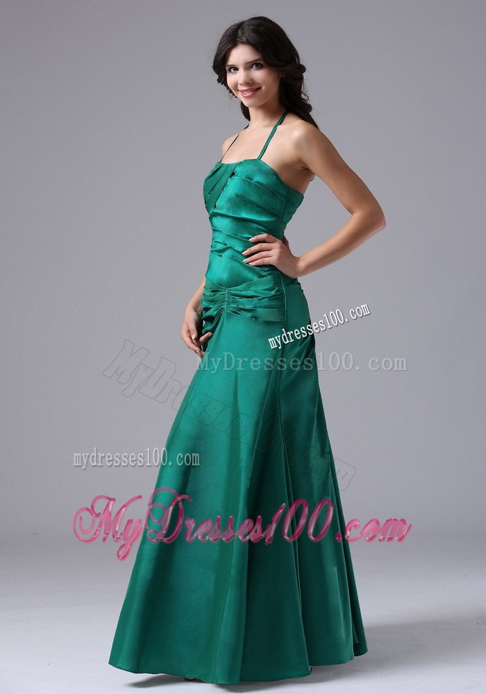 Halter Dark Green Ruched Floor-length Taffeta Bridemaid Dress