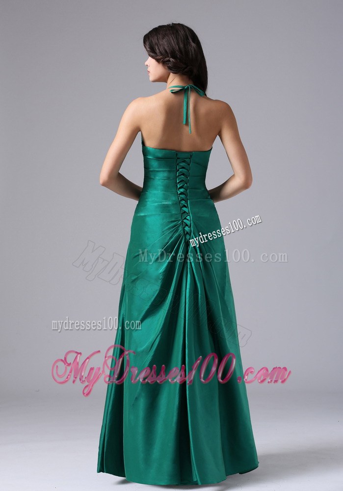 Halter Dark Green Ruched Floor-length Taffeta Bridemaid Dress