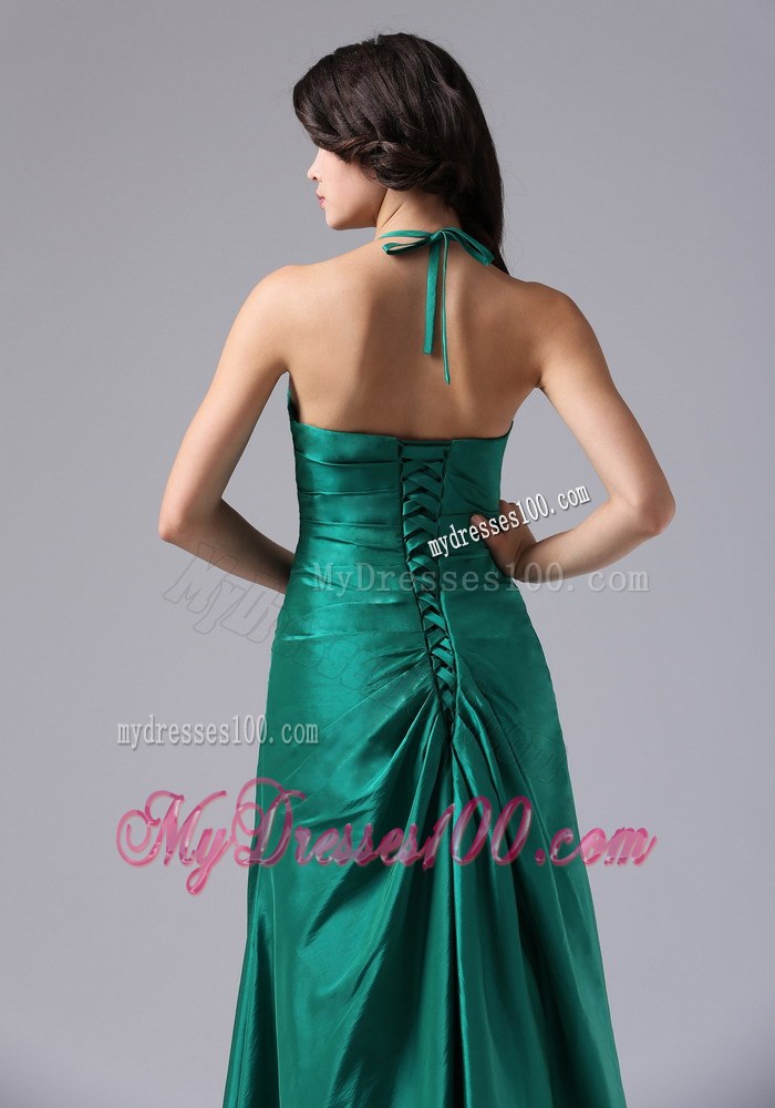 Halter Dark Green Ruched Floor-length Taffeta Bridemaid Dress