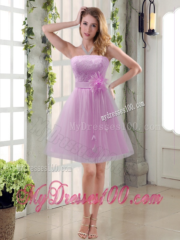 Handmade Flower Strapless Lace Bridesmaid Dress with Mini Length